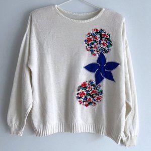 Vintage Ivory White Knit Sweater Embroidered Fabric Blue Flowers Design Sz L